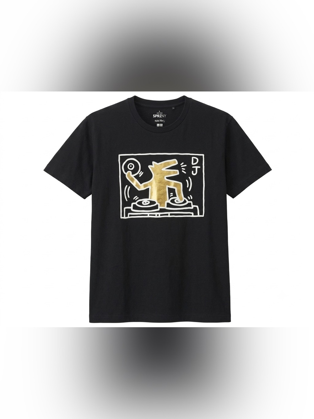 Uniqlo Keith Haring SPRZ NY DJ Dog Graphic T Shirt Large L Black Gold Pop Art